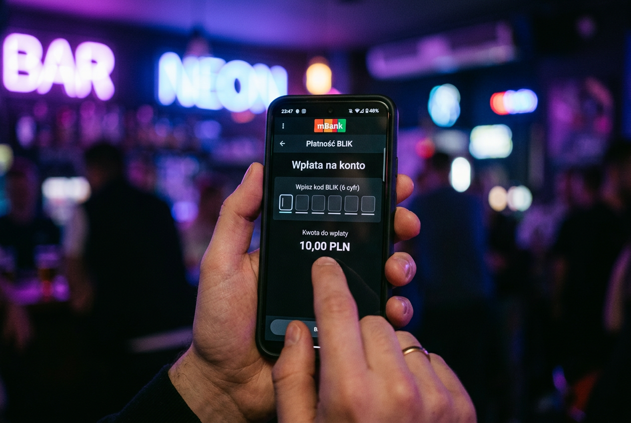 Smartfon z wyświetlonym potwierdzeniem płatności BLIK w aplikacji mobilnej banku