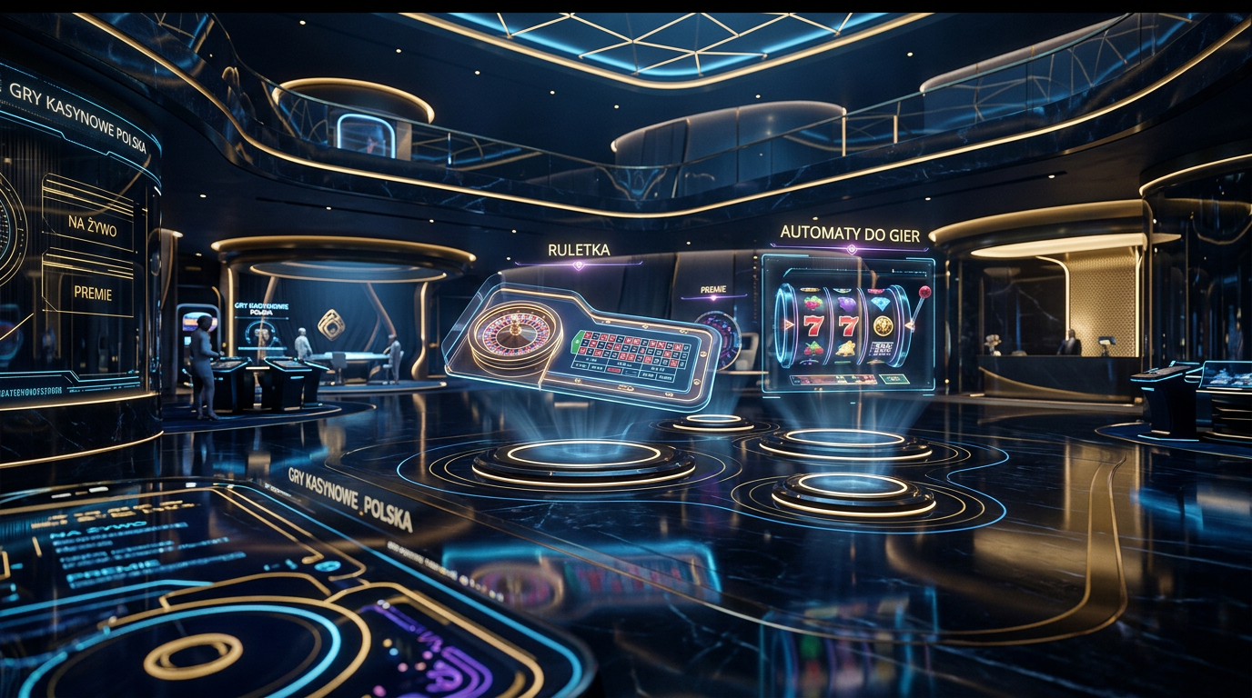 Nowoczesne luksusowe kasyno cyfrowe z neonowymi akcentami i holograficznymi grami.